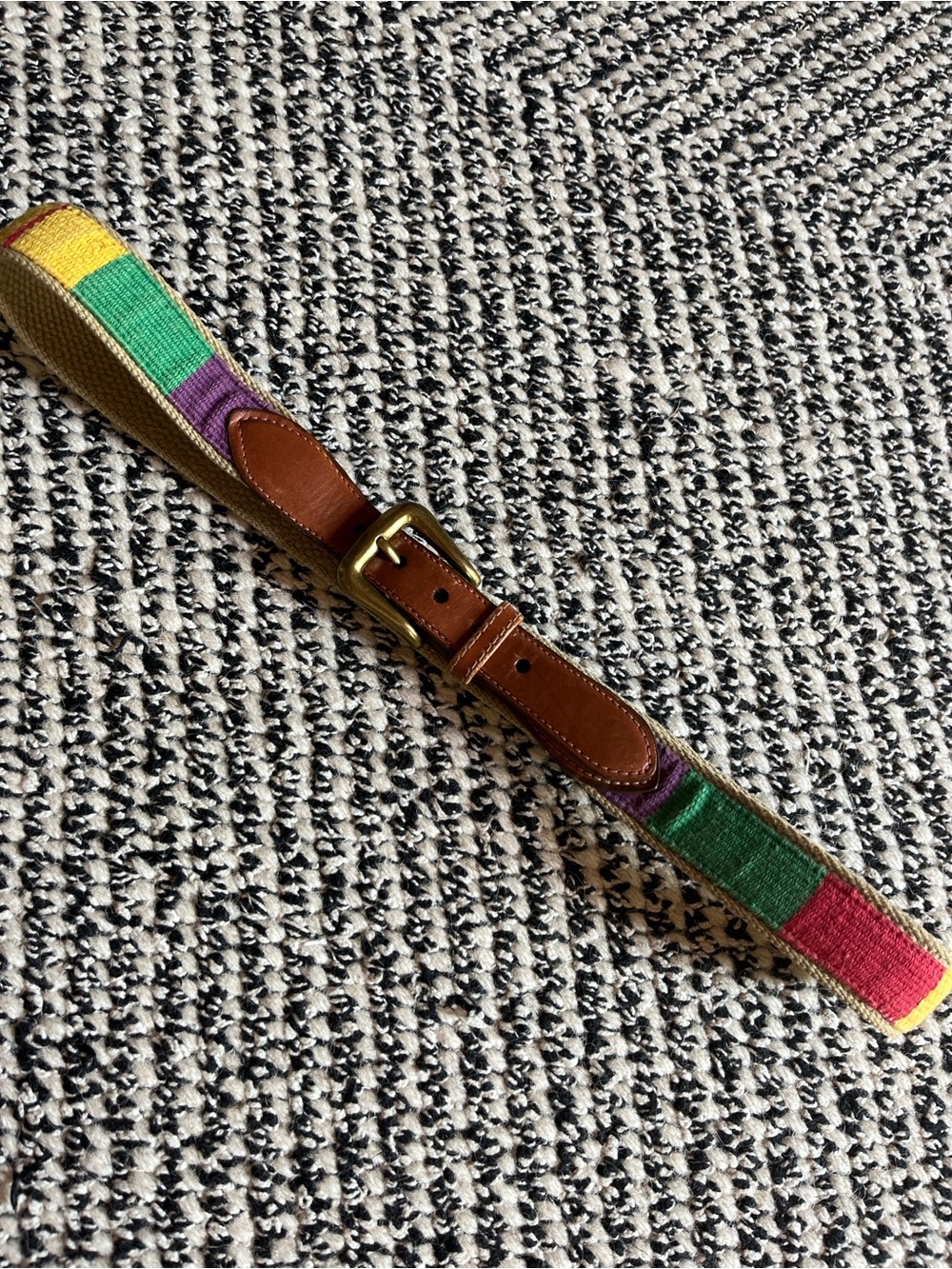 Women’s Color-block Canvas Belt with Brown Leather Buckle